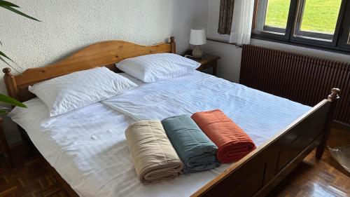 a bed with two pillows on top of it at Apartments Vila Ančka in Tržič