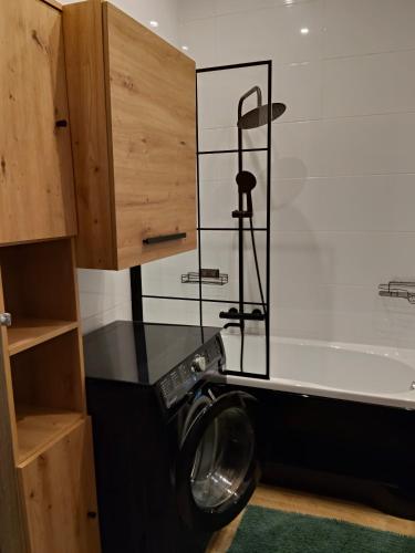 a washing machine in a bathroom next to a tub at Pod Dzikowcem in Boguszów-Gorce