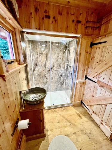 a room with a glass shower in a wooden room at Mòr Braw in Banavie
