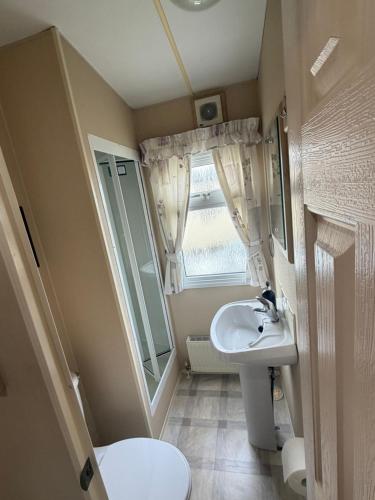 a small bathroom with a sink and a toilet at seton sands caravan in Port Seton