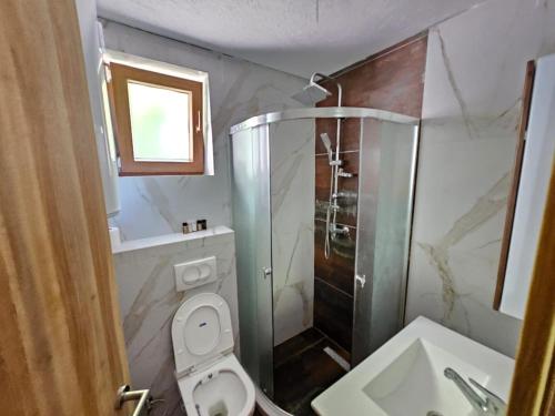 a bathroom with a shower and a toilet and a sink at Villa Fresku in Peje