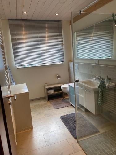 a bathroom with a tub and a sink and a toilet at Ferienwohnung Red Horse Ranch in Eichstätt
