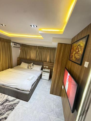 a bedroom with a bed and a tv in it at The Adun Grove in Lekki