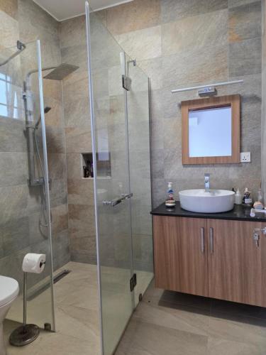 a bathroom with a glass shower and a sink at Skyra Villa in Mahébourg