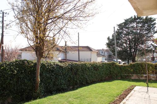 a hedge in front of a yard with a tree at House Stoevi in Negotino