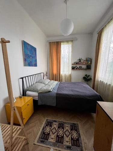 a small bedroom with a bed and a rug at Almadovarhouse in Makhinjauri