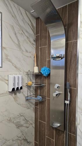 a bathroom with a walk in shower with a mirror at Nayri HOUSE Самоков,село Доспей in Dospey