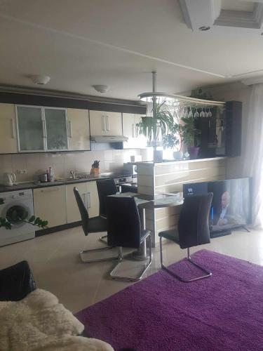 a kitchen with a table and chairs and a purple rug at Elaktra Apartman in Szolnok