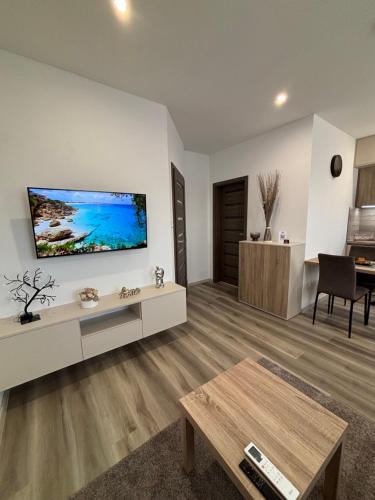 a living room with a flat screen tv on a wall at ROYAL homes in Nesvady