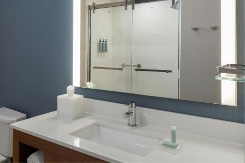 a bathroom with a sink and a glass shower at Residence Inn by Marriott Montgomery Downtown in Montgomery
