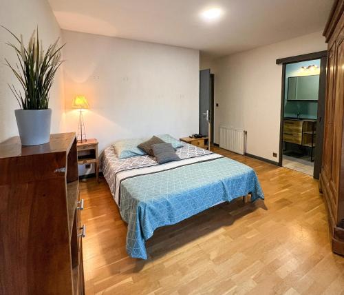 ein Schlafzimmer mit einem Bett mit blauer Tagesdecke in der Unterkunft Appart Hôtel Ambert in Marsac-en-Livradois