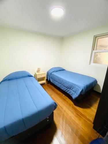 a bedroom with two blue beds and a window at Casa céntrica en San Felipe in San Felipe