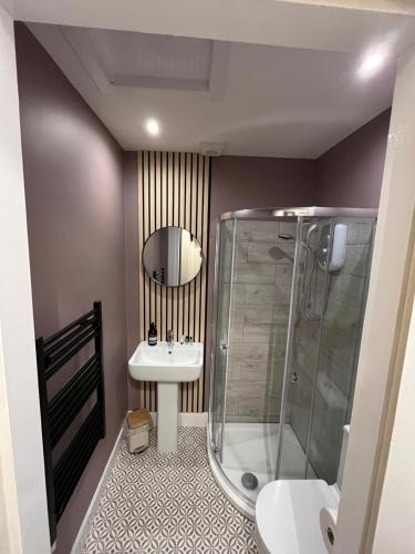 a bathroom with a shower and a sink at The Doonleigh suite in Ayr