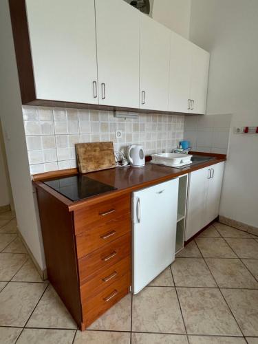 a kitchen with white cabinets and a counter top at Apartments Zora in Nin
