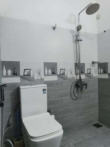 a bathroom with a white toilet and a shower at Green Shadow Inn in Galle