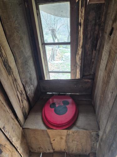 a red frisbee sitting on the floor of a window at Cabane en Cévennes in Saint-Germain-de-Calberte