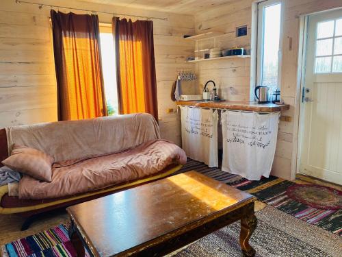 a living room with a couch and a table at Väikse haldja onn in Majala