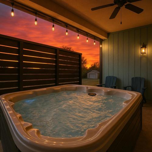 a jacuzzi tub on a patio with a sunset at Fall Family Getaway in PFGtlnbg Nr Dollywood Hot Tub, Fire Pit, Cable in Pigeon Forge
