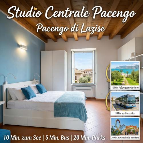 a poster of a bedroom with a bed and a window at Studio Centrale Pacengo di Lazise in Lazise