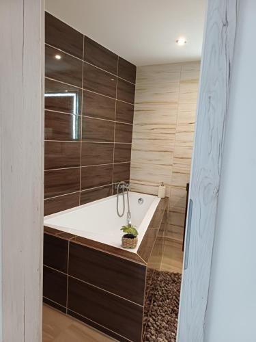 a bathroom with a bath tub and wooden walls at MARLEN in Ústí nad Labem
