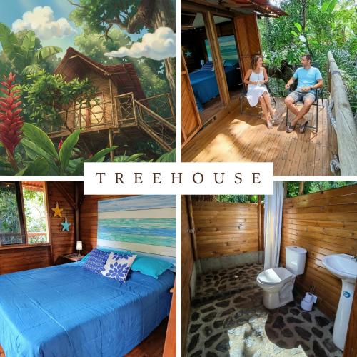 a collage of four pictures of a tree house at Hotel Excelsum Tayrona in Calabazo