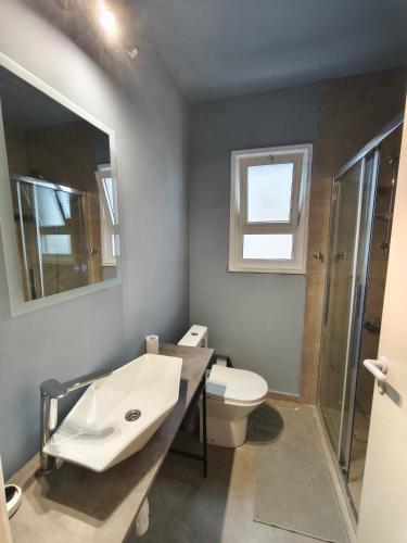 ein Badezimmer mit Waschbecken, Toilette und Spiegel in der Unterkunft Faros in Paphos City