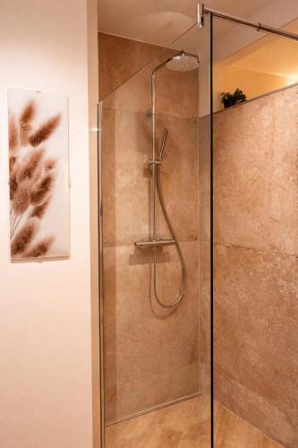 a shower with a glass door in a bathroom at Palazzo Moni - Modernes Studio in der Nähe der Therme mit Balkon & Parkplatz in Bad Soden-Salmünster