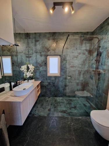 a bathroom with a shower and a sink and a toilet at Azyl na Polesiu domki przy Poleskim Parku Narodowym in Załucze Nowe