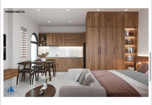 a living room with a couch and a dining room at Mây Home Hoa Lư in Phúc Trì
