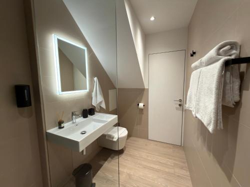 a bathroom with a sink and a toilet and a mirror at WakeMālpils brīvdienu mājas in Mālpils