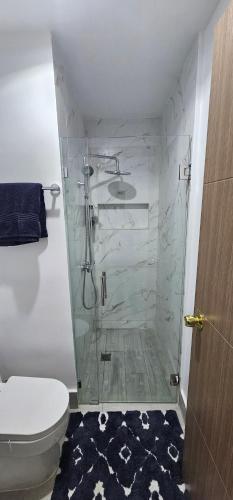 a bathroom with a shower and a toilet at The Perfect Place to be in Boca Chica