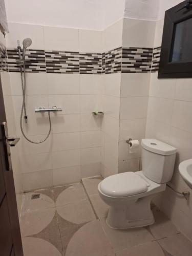 a bathroom with a toilet and a shower at Complexe Hôtelier Lassavane in Jacqueville