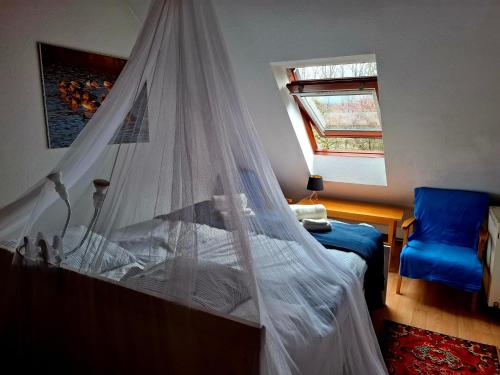 a bedroom with a bed with a mosquito net at Villa Vadása Vendégház in Hegyhátszentjakab