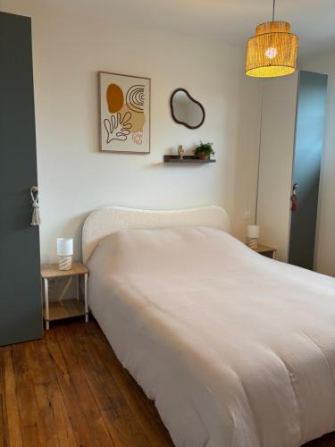 a bedroom with a large white bed and a lamp at Vichy Cosy T2 plein centre, thermes et parcs in Vichy