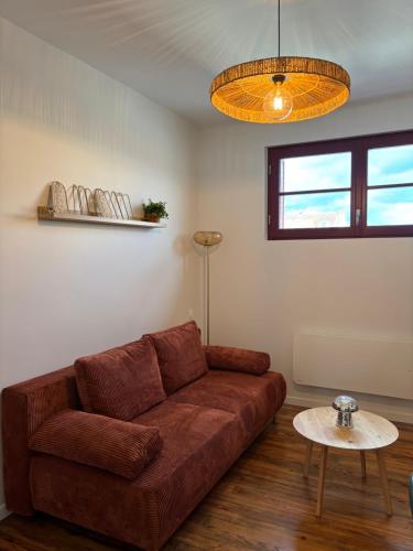 a living room with a brown couch and a table at Vichy Cosy T2 plein centre, thermes et parcs in Vichy
