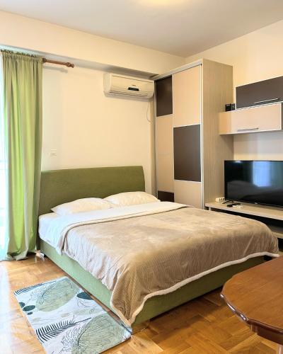 a bedroom with a bed and a flat screen tv at Cozy City Studio in Podgorica, Blok 9 in Podgorica