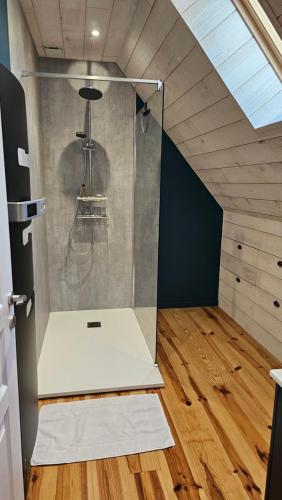 a glass shower in a room with a wooden floor at Belle résidence auvergnate Vue panoramique sur la nature in Saint-Julien-de-Jordanne