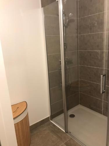 a shower with a glass door in a bathroom at Appartement récent et à la déco moderne in Damgan