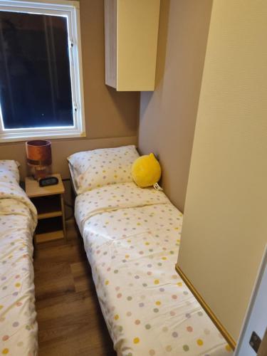 a small bedroom with a bed and a window at Stacaravan 161 Capfun camping Bongerd 5 sterren Gezin 5 personen in Tuitjenhorn