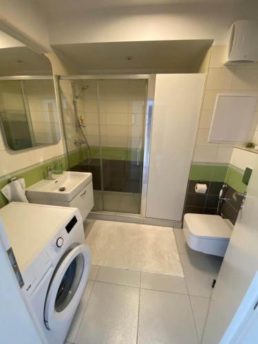 a bathroom with a washing machine and a toilet at Bratislava, LUCAO Family Apartment, Balcony, Free Parking, Aircondition, 8km Old Town in Bratislava