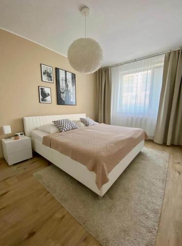 a bedroom with a large bed and a large window at Bratislava, LUCAO Family Apartment, Balcony, Free Parking, Aircondition, 8km Old Town in Bratislava