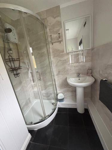 a bathroom with a shower and a sink at Tree Top View Chalet in Caeathro