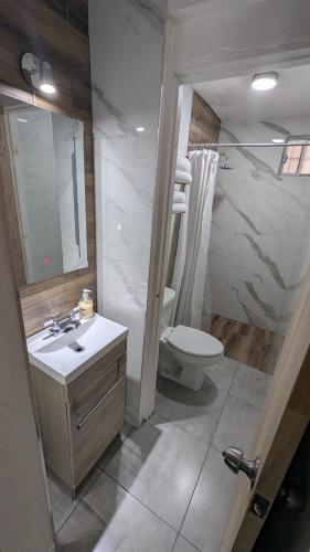 a bathroom with a sink and a toilet at Acogedora Casa in El Sauzal