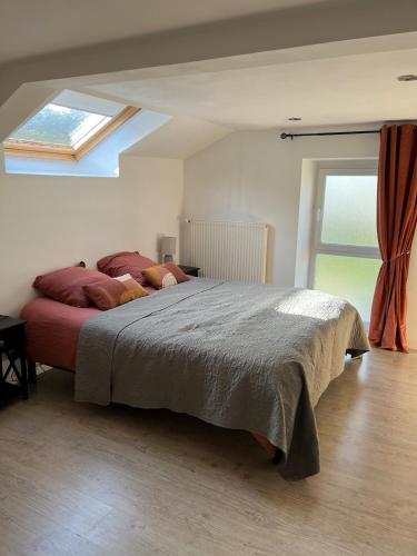 a bedroom with a large bed with a skylight at Les Moussaillons, plage à pieds in Jullouville-les-Pins