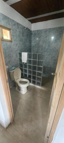 a bathroom with a toilet and a tiled wall at La Casa de Blue in Guarne