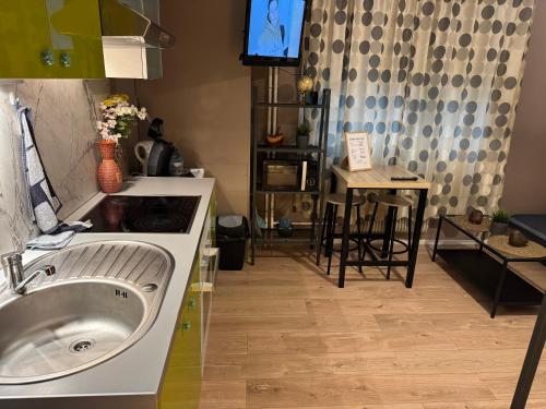 a kitchen with a sink and a counter with a table at Studio Mulhouse in Mulhouse