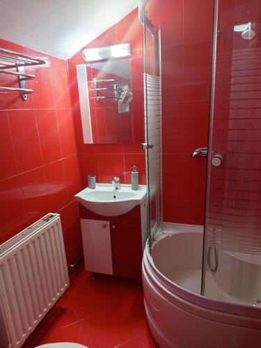 ein rotes Badezimmer mit Waschbecken und Dusche in der Unterkunft LaCoco in Buşteni