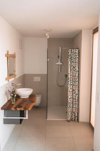 a bathroom with a sink and a shower at Individual room surrounded by nature in Sankt Georgen bei Salzburg