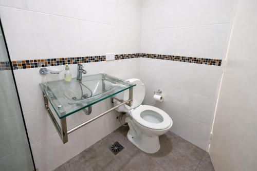 a bathroom with a toilet and a glass sink at Ana Rent II Departamento Moderno ,equipado en San Isidro cerca de Tigre River y Tecnopolis in Boulogne