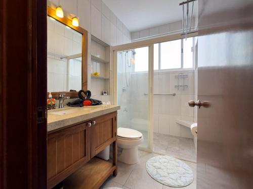 a bathroom with a sink and a toilet and a shower at Abbey del Sol - Tropical Escape Near Beach in Puerto Morelos in Puerto Morelos